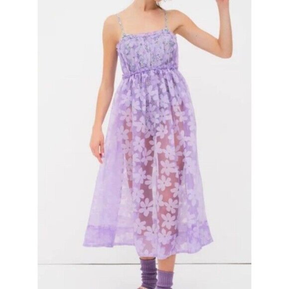 For Love and Lemons Sz S Dress Villegas Floral Sheer Bodysuit Midi Purple New - Picture 1 of 10